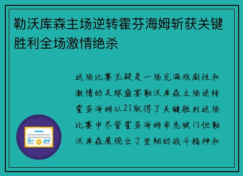 勒沃库森主场逆转霍芬海姆斩获关键胜利全场激情绝杀
